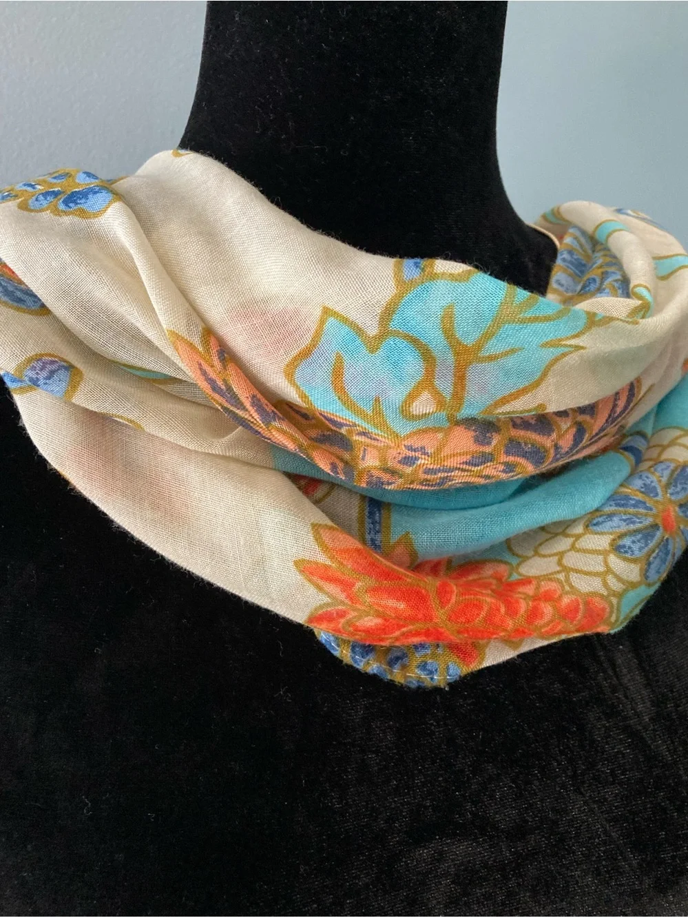 GORGEOUS Floral Scarf in Cream, Turquoise & Coral - Unbranded